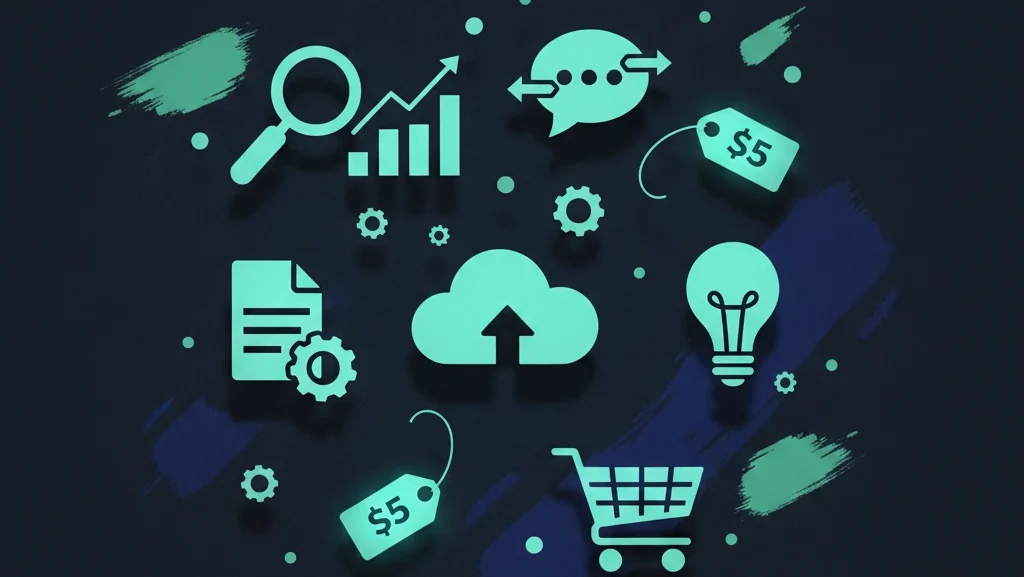Flat‑lay of digital tool icons, $5 price tags, and mint gear symbols