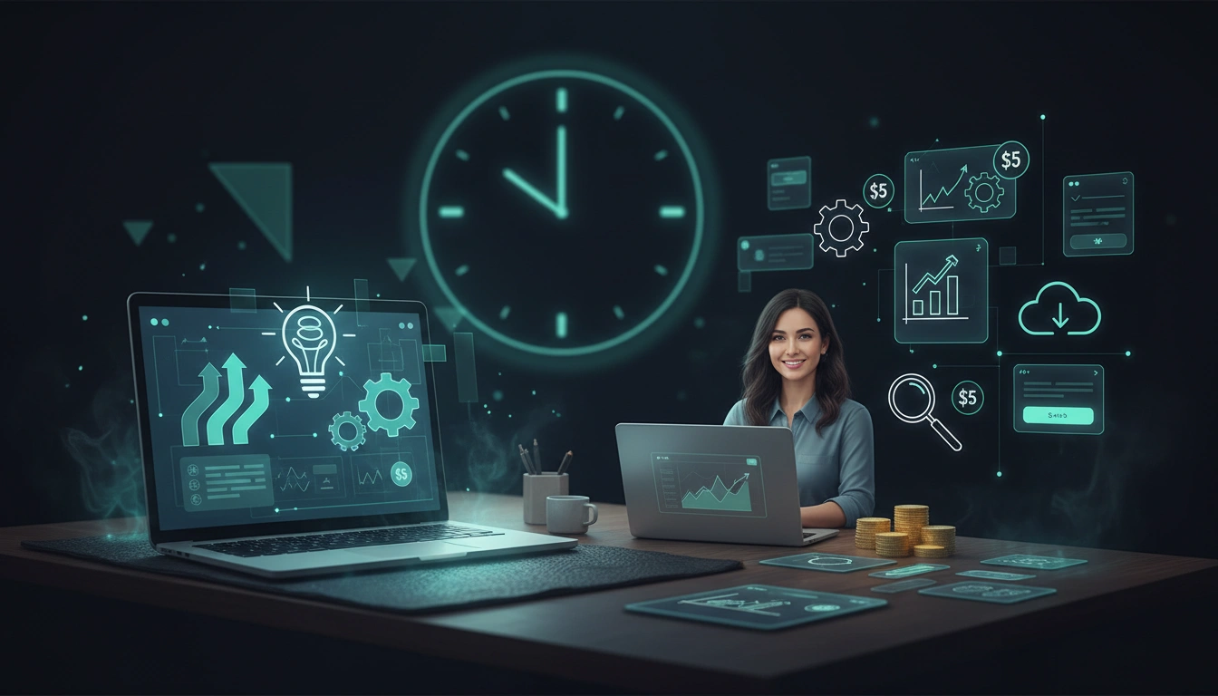 Friendly presenter with laptop and teal‑mint light, Monday webinar session